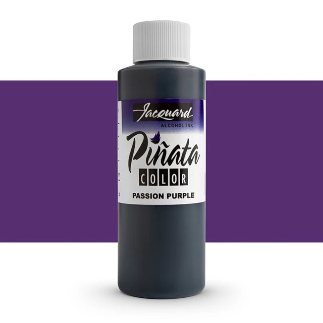 A bottle of Jacouard Pinata Color Passion Purple alcohol ink, shown against a white background with a wide purple color swatch band behind it.