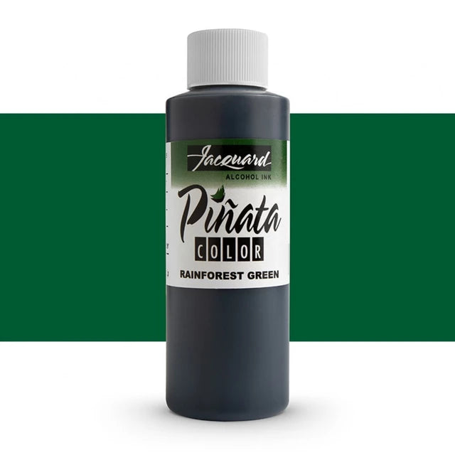 A bottle of Jacquard Piñata Color Alcohol Ink in the shade Rainforest Green, shown against a white background with a wide green horizontal band behind it.