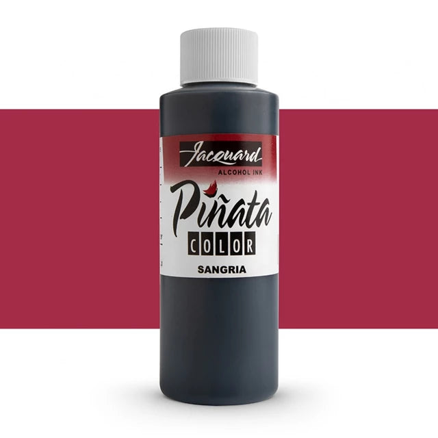 A bottle of Jacevart Pinata Color Alcohol Ink in the shade 'Sangria', shown against a white background with a horizontal magenta-red stripe behind it.