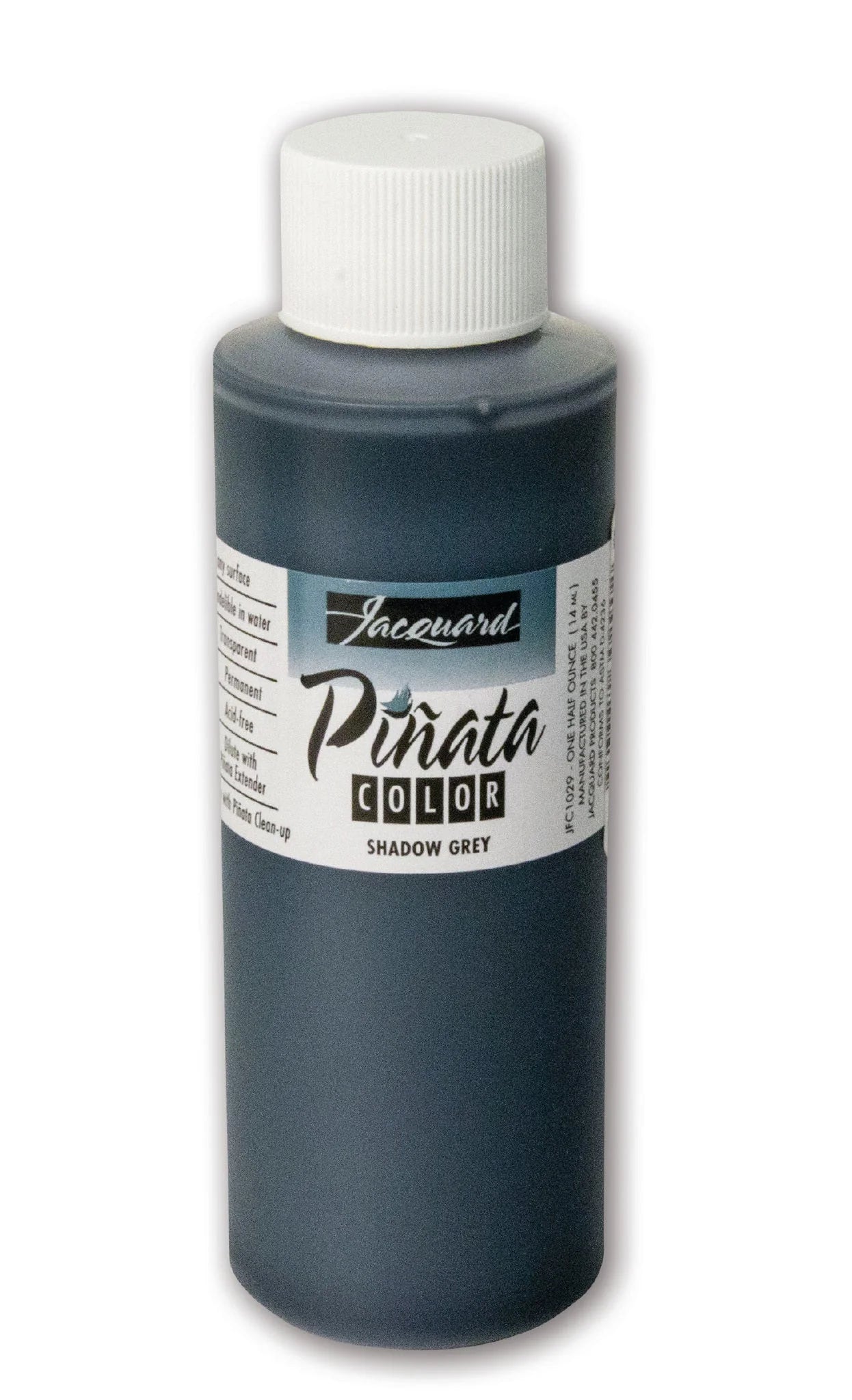 A bottle of Jacquard Pirata Color Shadow Grey acrylic paint on a white background.