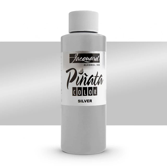 A bottle of Jaceuard Piñata Color Alcohol Ink in the Silver shade, shown against a light gray gradient background.