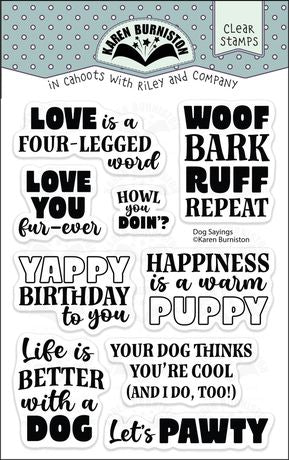 Clear stamps with dog-themed phrases on a white background