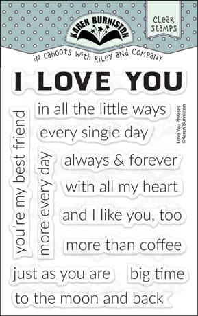 Clear stamps with various sentiments including 'I love you' on a white background.