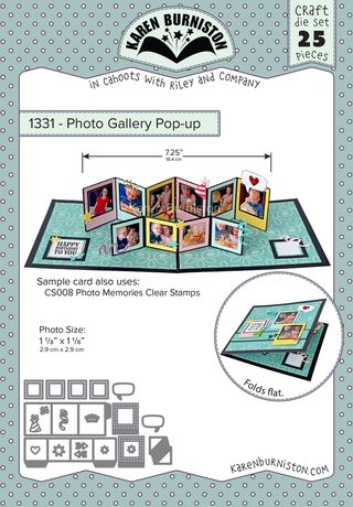 Karen Burniston craft die set packaging with product details and sample card layout.