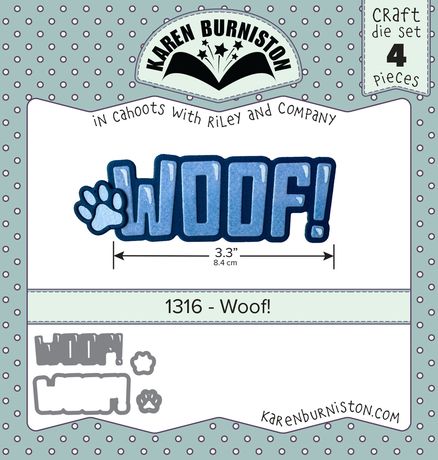 Craft die set packaging with 'WOOF!' design and Karen Burniston branding.