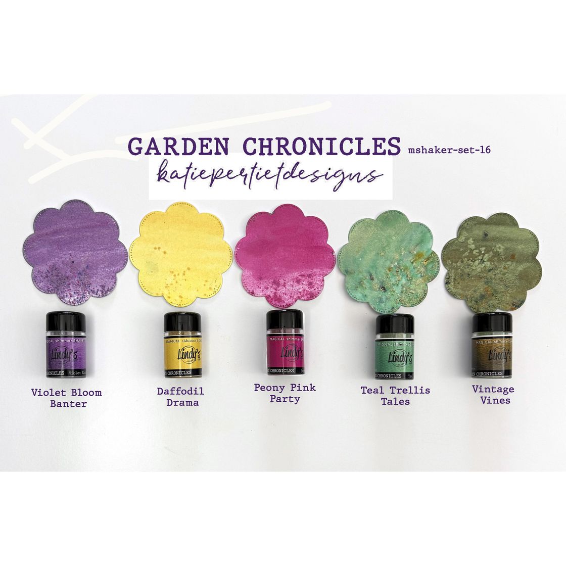 Set of color swatches and ink bottles labeled 'Garden Chronicles' by Katie Pertiet Designs on a white background.