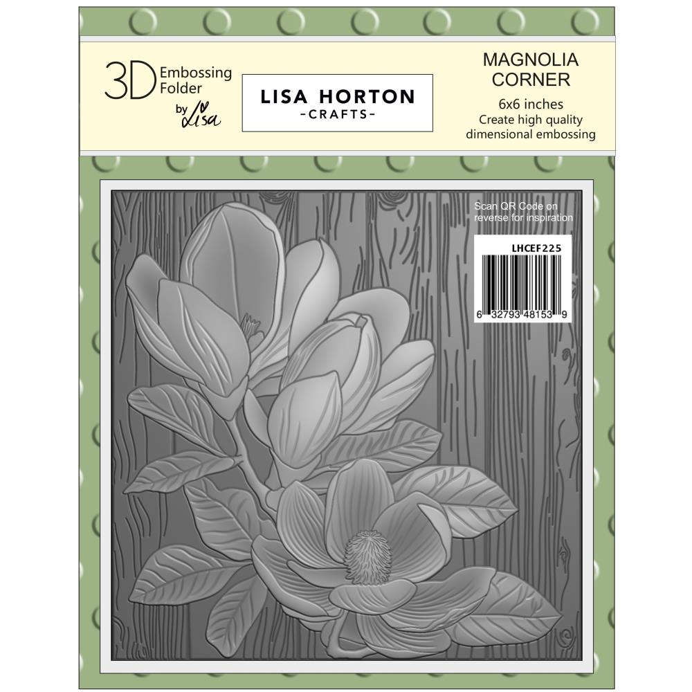 "Lisa Horton Crafts 3D Embossing Folder – Magnolia Corner 5x7 inch for creating raised floral corner textures in cardmaking, scrapbooking, and papercrafts"