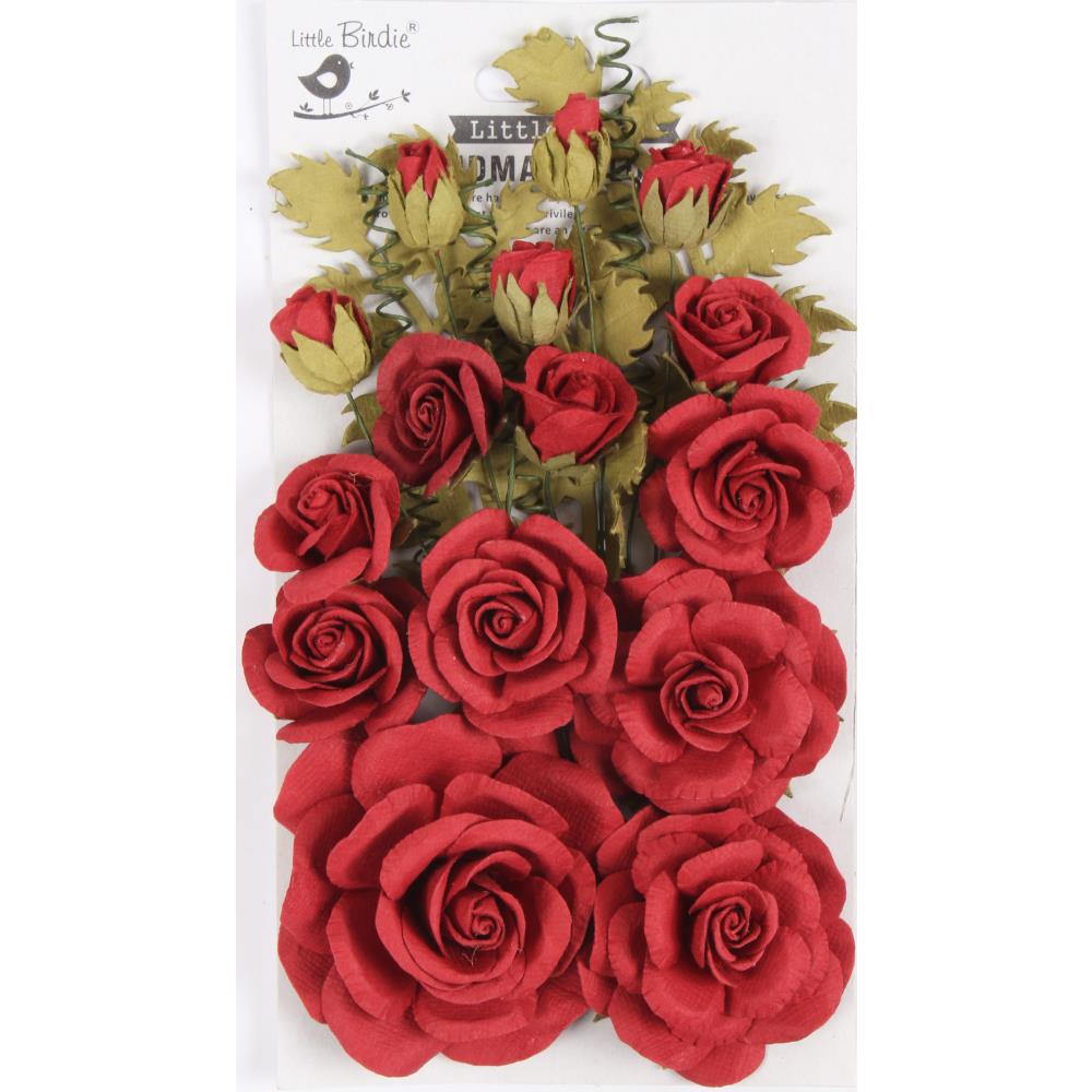 Various-sized red roses with green leaves with green stems