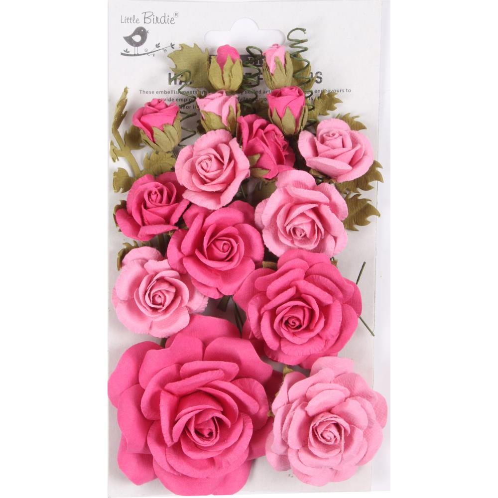 Packaged pink roses with green leaves on a white background