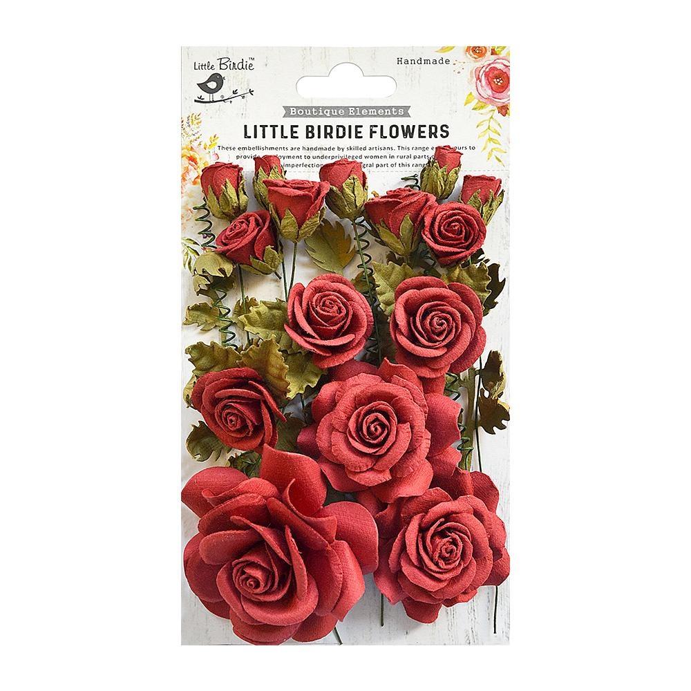 Packaged red flowers with 'Little Birdie Flowers' branding on a white background