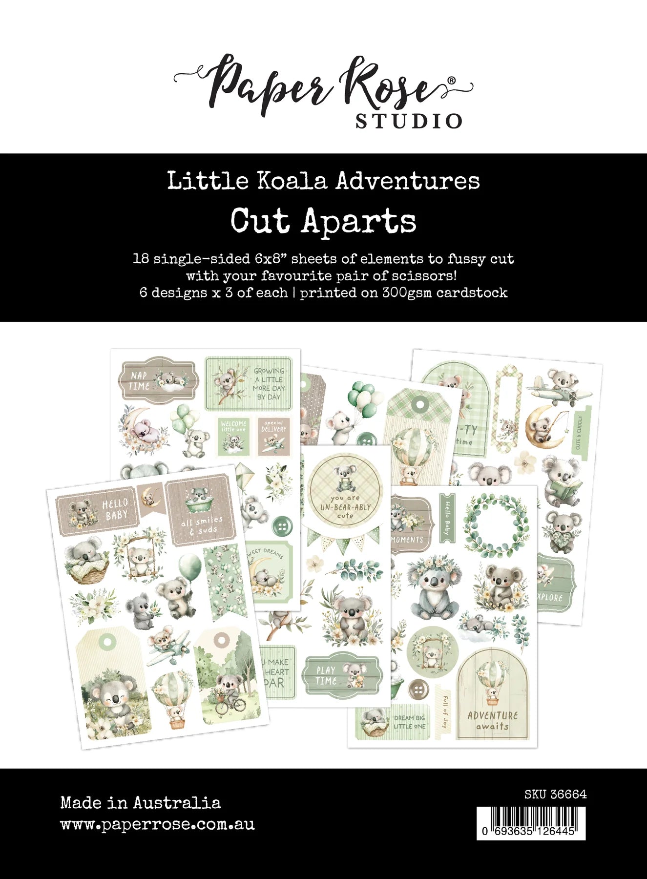 Paper Rose Studio Little Koala Adventures Cut Aparts cardstock craft sheets, featuring cute koala illustrations and vintage-style labels in soft green, beige, and brown tones.