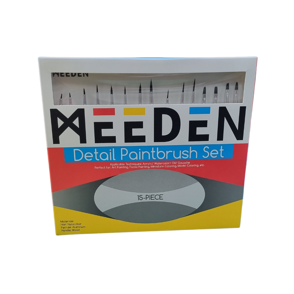 A boxed 15-piece MEEDEN detail paintbrush set, shown against a plain white background. The retail box features a clear window displaying the brushes, with the MEEDEN brand name in large black letters and a blue banner reading 'Detail Paintbrush Set'.