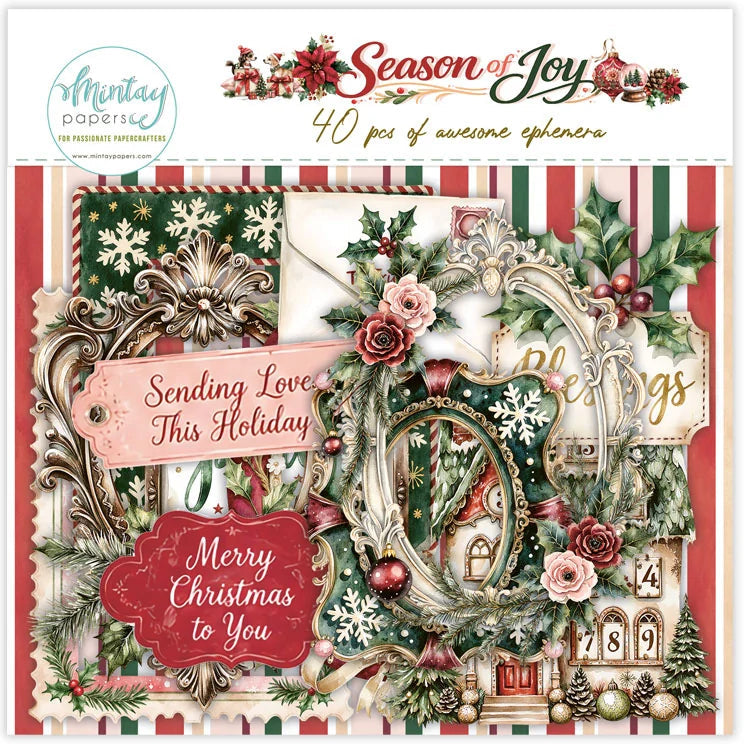 A packaged holiday scrapbook paper set from Mintay Papers titled 'Season of Joy'. The product features a festive collage of Christmas elements including a gingerbread house, snowflakes, holly, roses, pinecones, and tags on a red and white striped background.