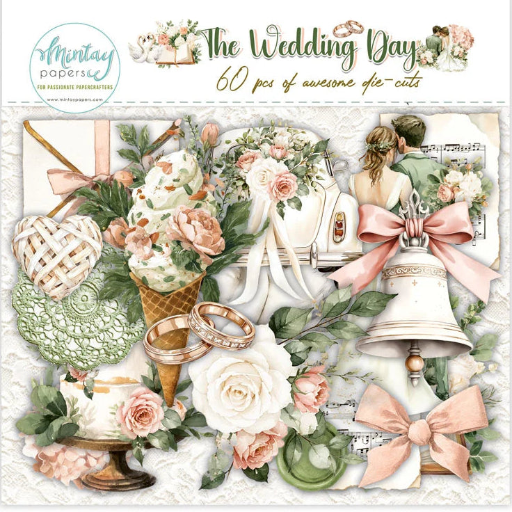 Packaging of 'The Wedding Day' die-cut set with various wedding-themed elements on a white background.