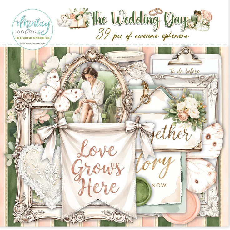 Packaging of 'The Wedding Day' ephemera set with decorative elements and text.