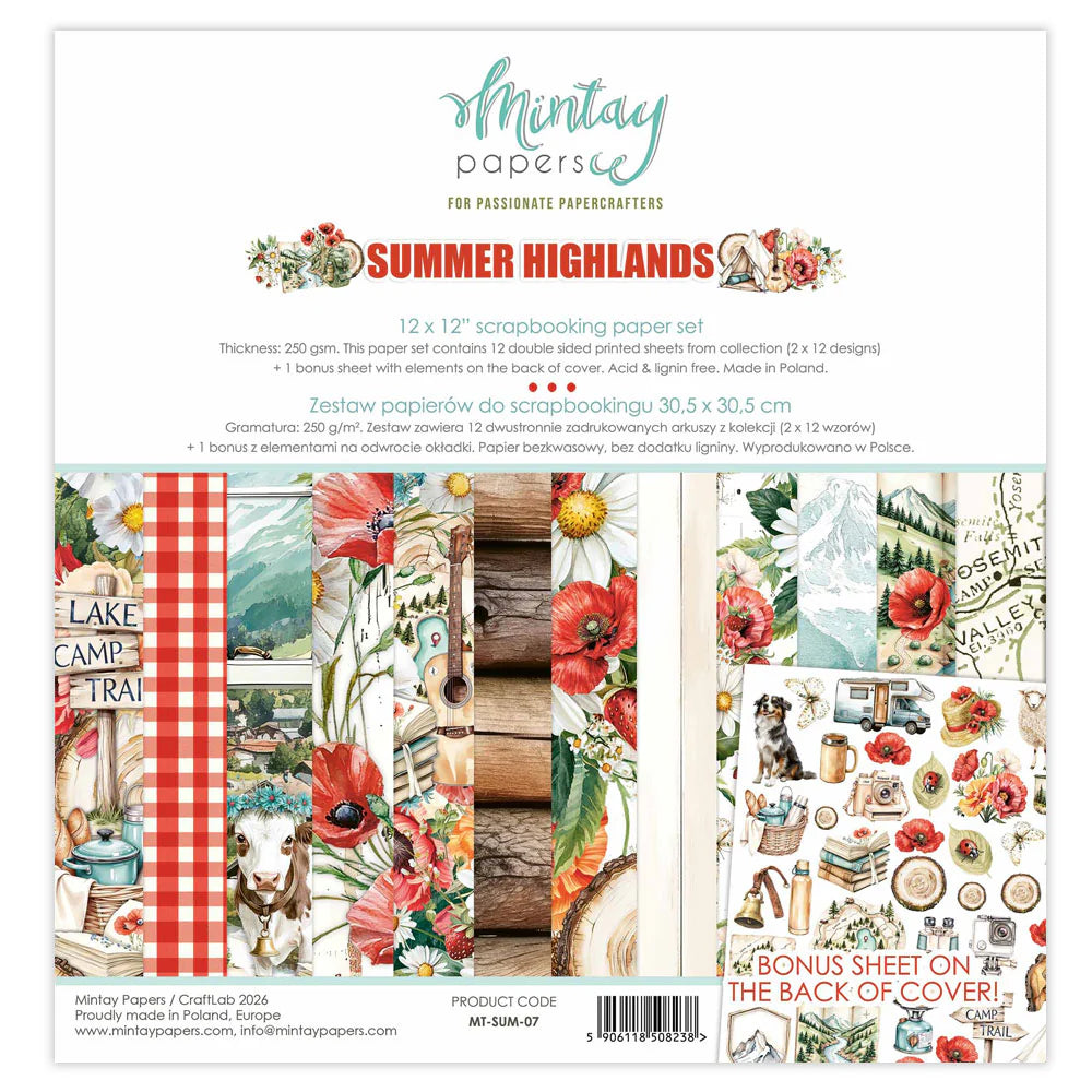 SUmmer highlands paper with red and green on a white background
