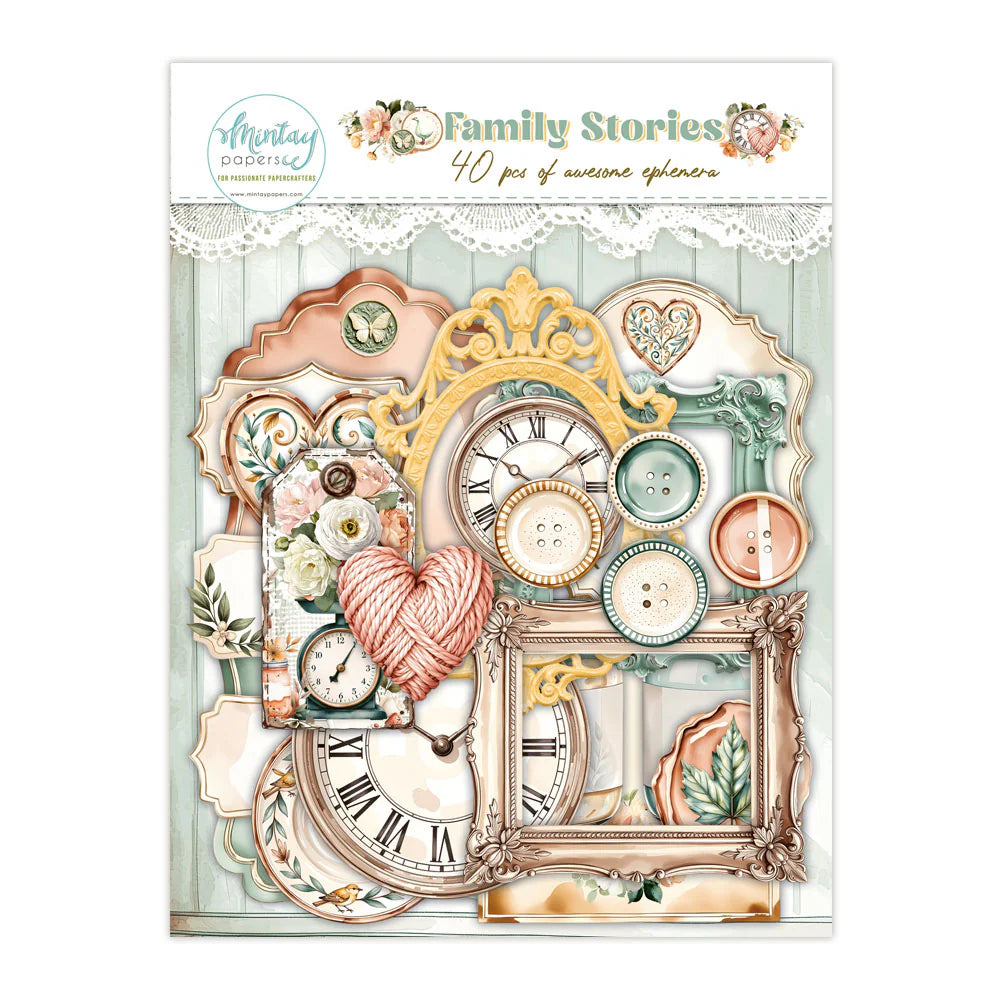 Family stories frame ephemera with hearts on a white background