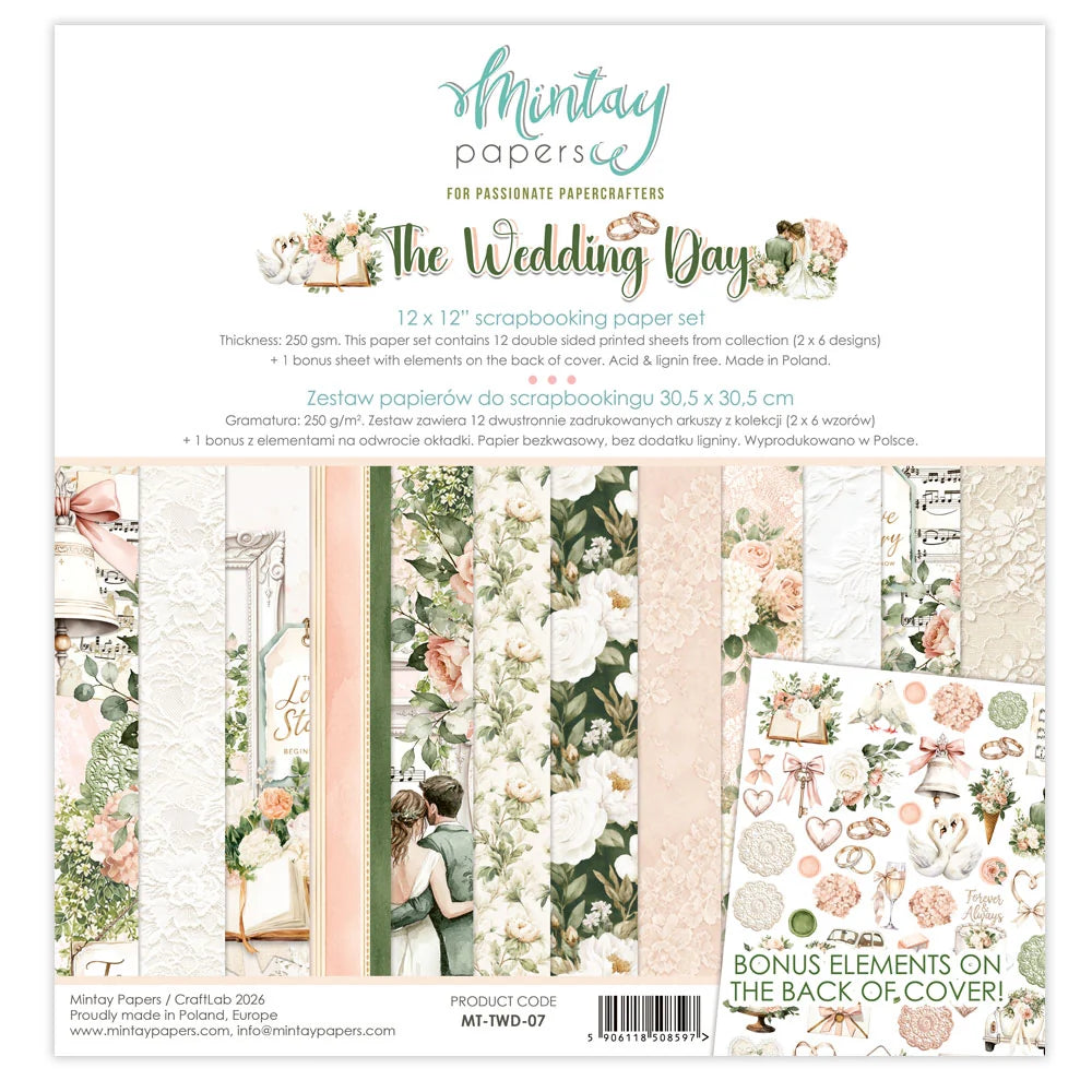 Mintay Papers 'The Wedding Day' scrapbooking paper set packaging with various paper designs.