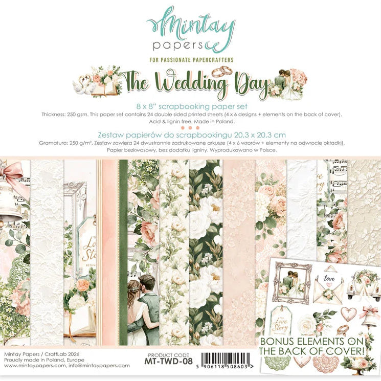 Mintay Papers 'The Wedding Day' paper pack with floral and wedding-themed designs on a white background.