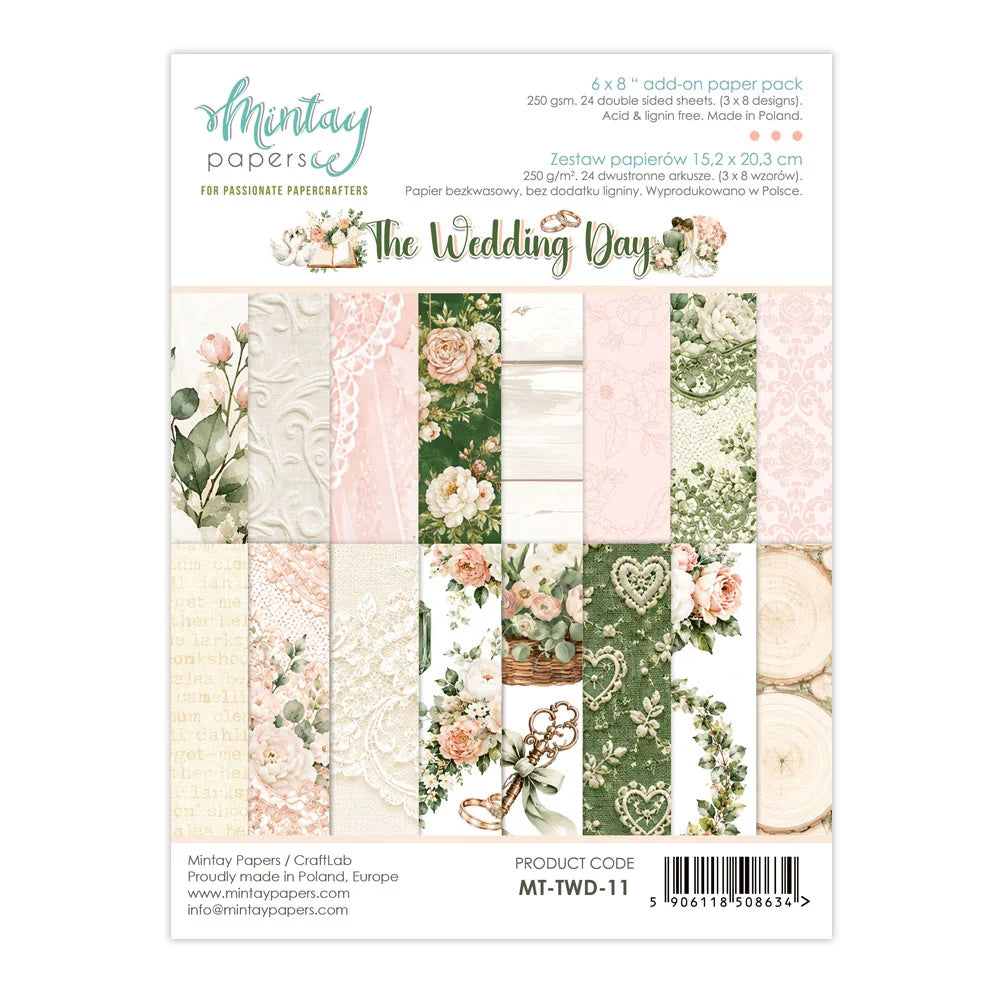 Collection of wedding-themed paper sheets with floral and heart designs on a white background.