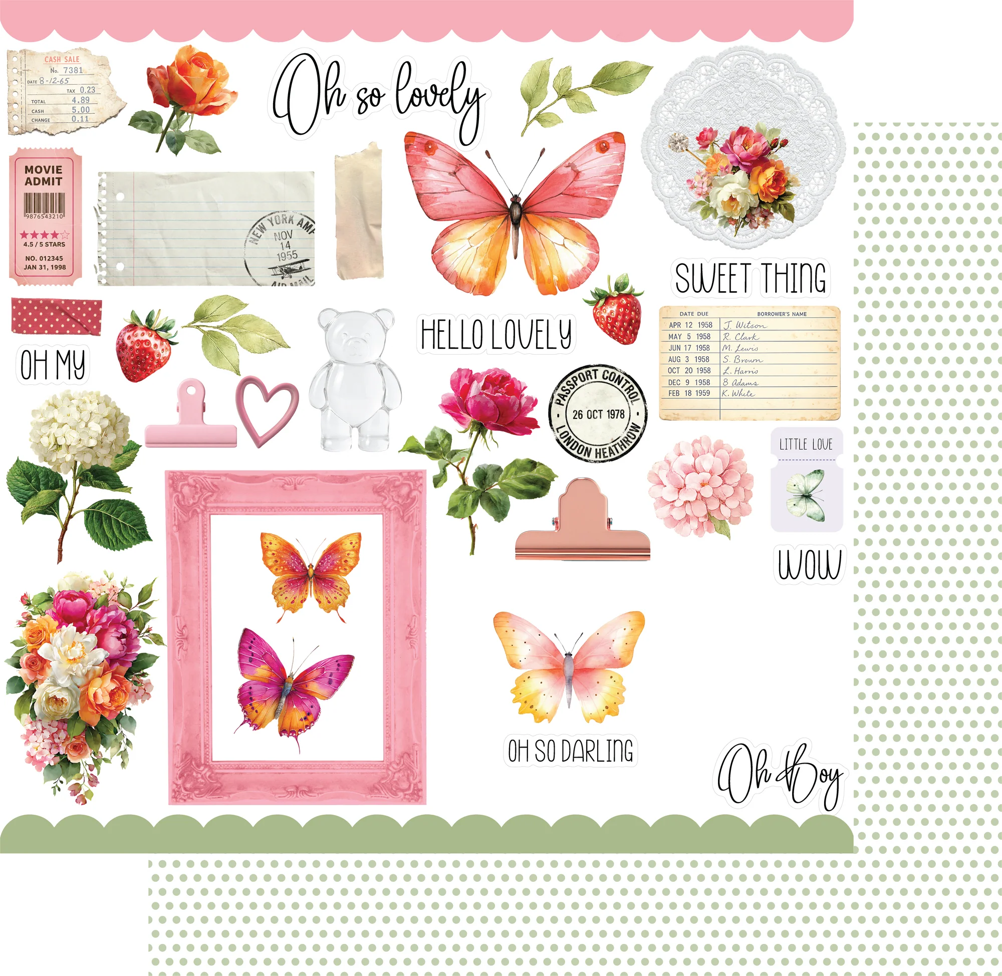 Collection of decorative elements including butterflies, flowers, and text on a white background.