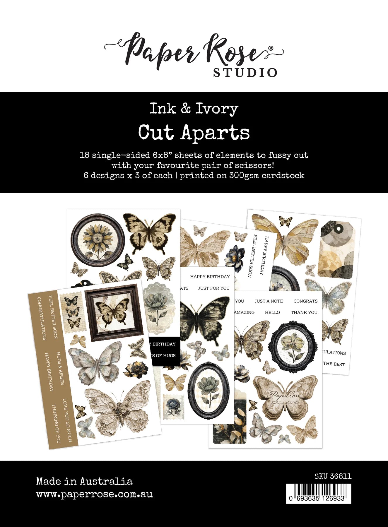 Packaging of Paper Rose Studio Ink & Ivory Cut Apart sheets with butterfly designs on a white background.