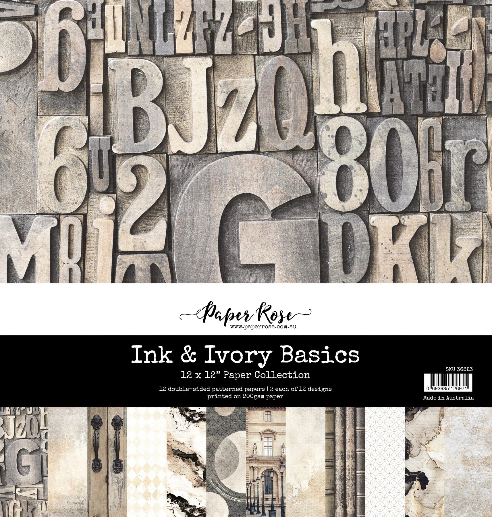 Collection of paper sheets with vintage letterpress-style typography, featuring the brand 'Paper Rose'.