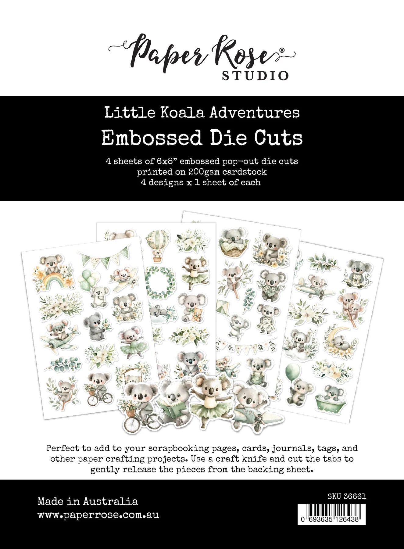 Embossed die cuts with koala designs by Paper Rose Studio on a black and white background.