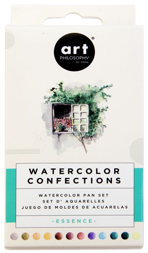 Art Philosophy Watercolor Confections set packaging with watercolor pan illustrations on a white background.