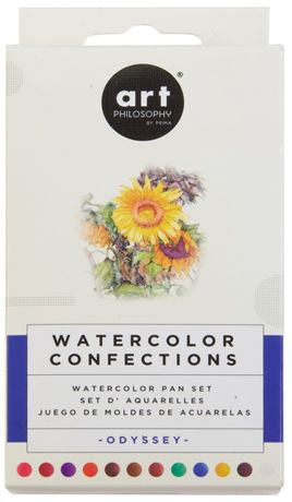Packaging of Art Philosophy Watercolor Confections set with floral design and color swatch.