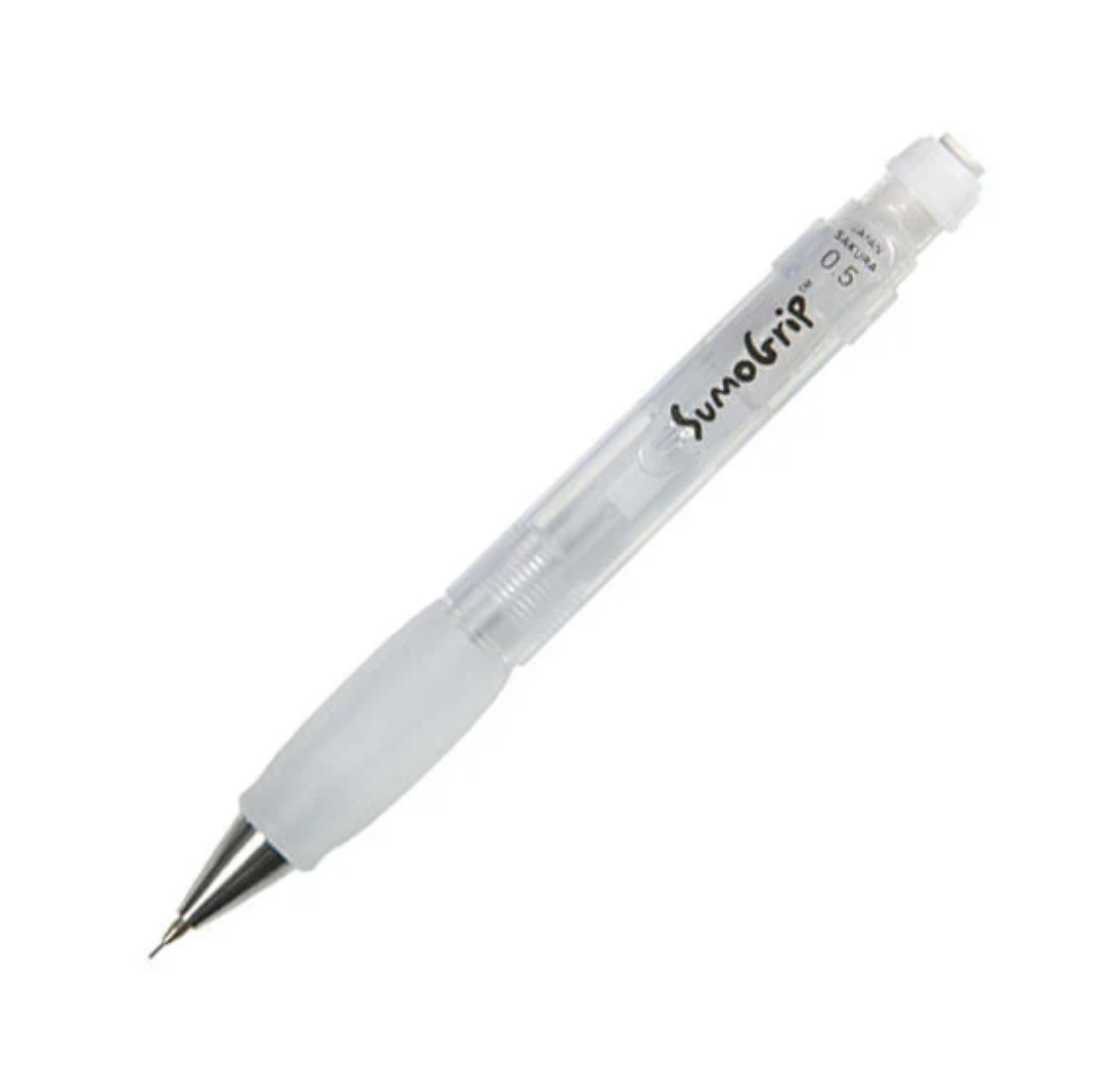 A Sumogrip 0.5 mechanical pencil with a clear plastic barrel, translucent grip, and silver metal tip, shown diagonally on a white background.