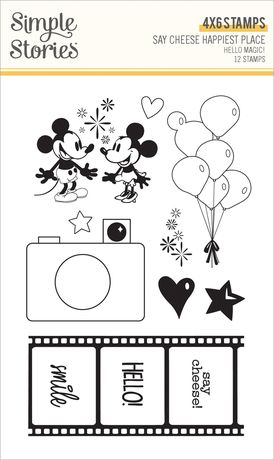 Set of clear stamps featuring Mickey Mouse, balloons, camera, and text from Simple Stories.
