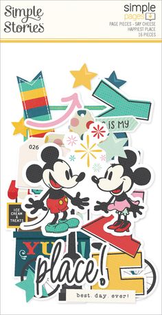 Sticker sheet with Mickey and Minnie Mouse characters and colorful text from Simple Stories