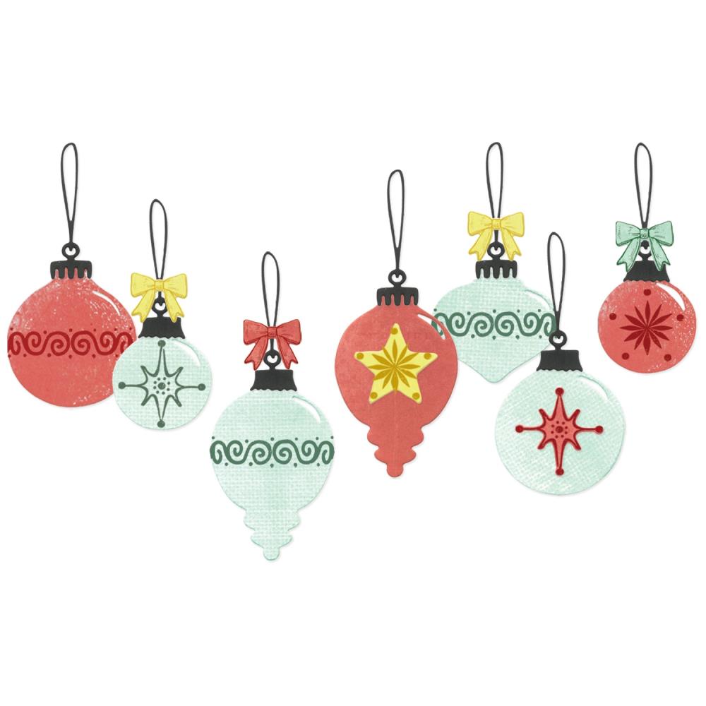 “Sizzix Framelits Die & Stamp Set by 49 & Market – Baubles, featuring 19 holiday bauble stamps and 11 coordinating dies for Christmas crafts and cardmaking.”
