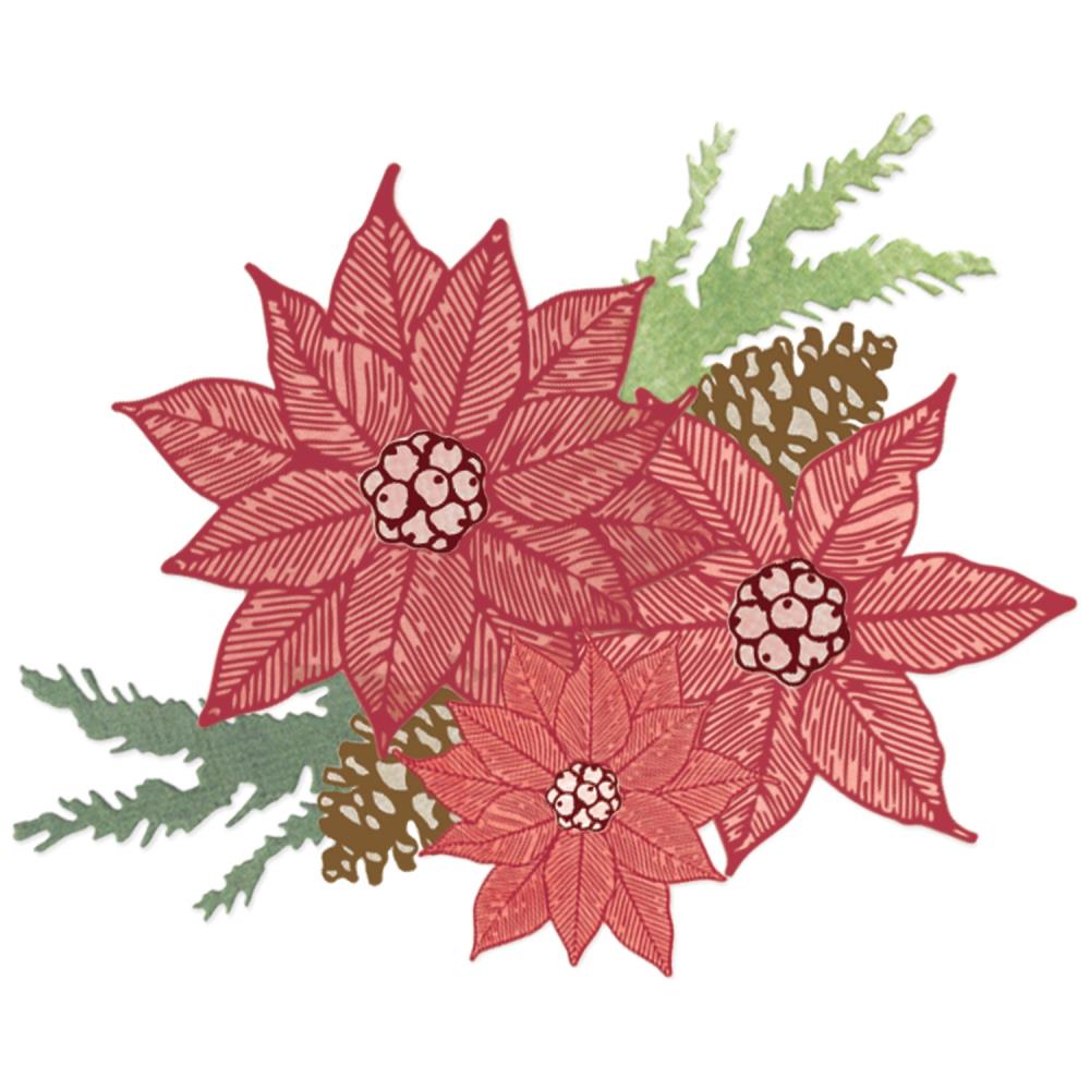 Sizzix Framelits Die & Stamp Set by 49 & Market – Poinsettia Trio, featuring 16 stamps and 7 dies with poinsettias, branches, and festive cones for Christmas crafts