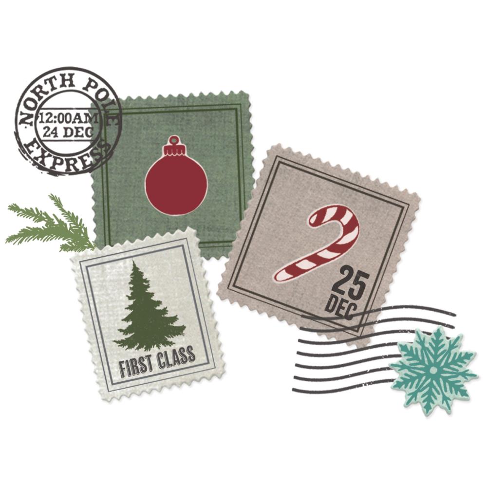 “Sizzix Framelits Die & Stamp Set by 49 & Market – Special Delivery, featuring 27 holiday-themed stamps and 11 dies with festive phrases and seasonal accents.”