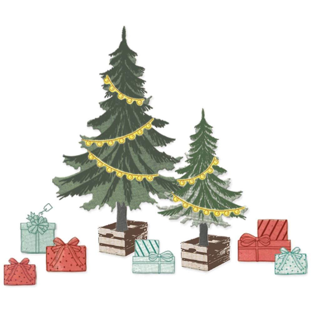“Sizzix Framelits Die & Stamp Set by 49 & Market – Trees & Trinkets, featuring 17 nature-inspired stamps and 15 dies with trees and gift boxes for holiday crafts.”
