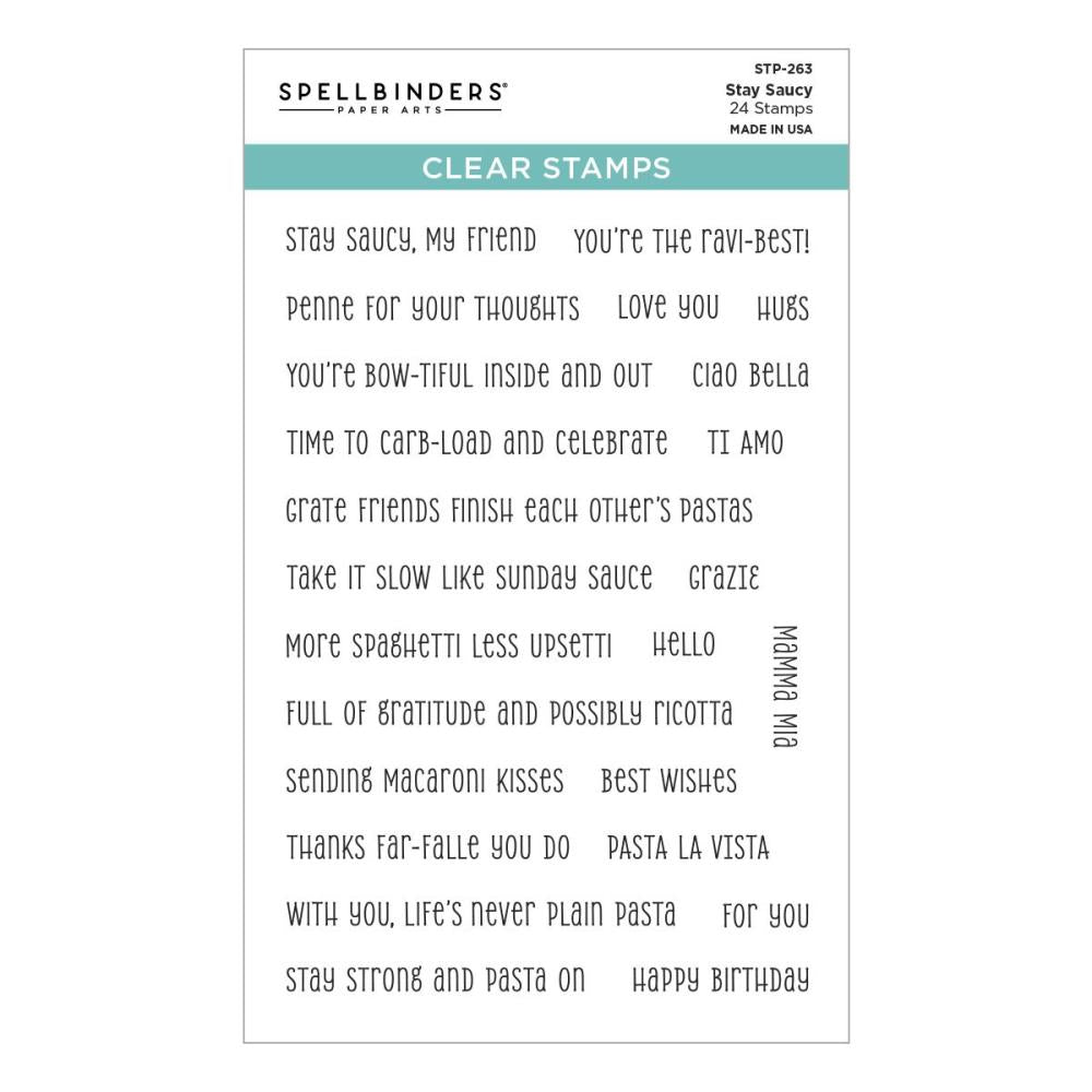 Sheet of clear stamps with various phrases on a white background