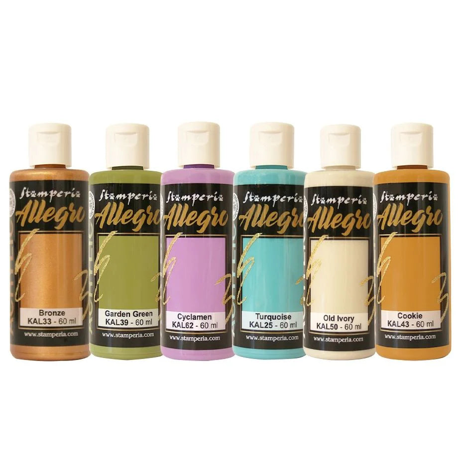 Set of Stamperia Allegro acrylic paint bottles in various colors on a white background