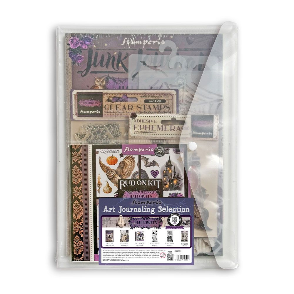 Junk Journaling Selection kit with various items in a clear packaging on a white background