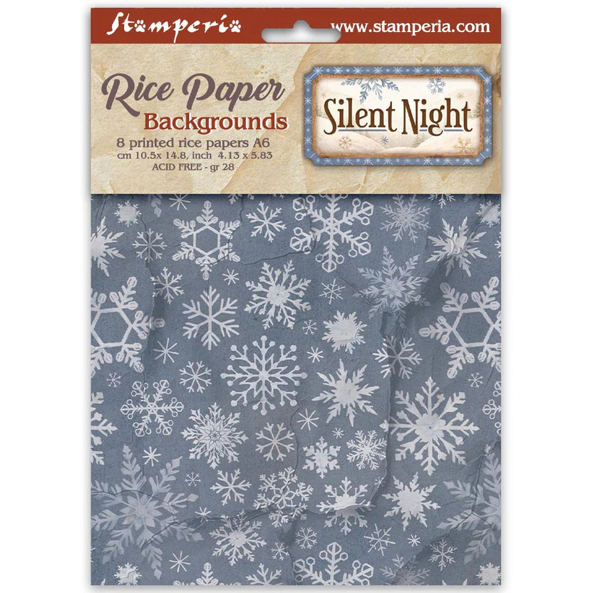 Pack of 8 printed rice papers from Stamperia, titled 'Silent Night', featuring a snowflake pattern on a slate blue background.
