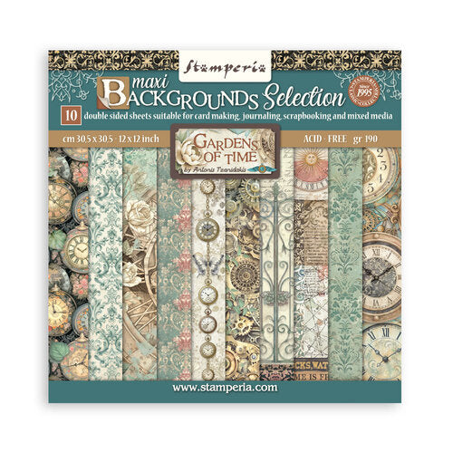 Stamperia Gardens of Time paper pack with decorative designs on a white background