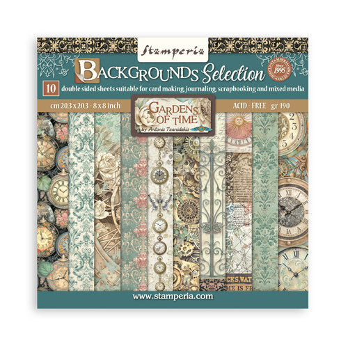 Stamperia 'Gardens of Time' paper pack with decorative patterns on a white background