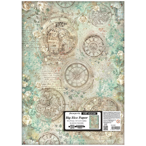 Big Rice Paper with vintage clock design and floral elements on a white background
