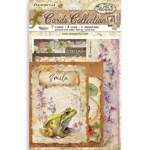 Packaging of Stamperia 'All Around' Cards Collection with a frog illustration on a floral background.