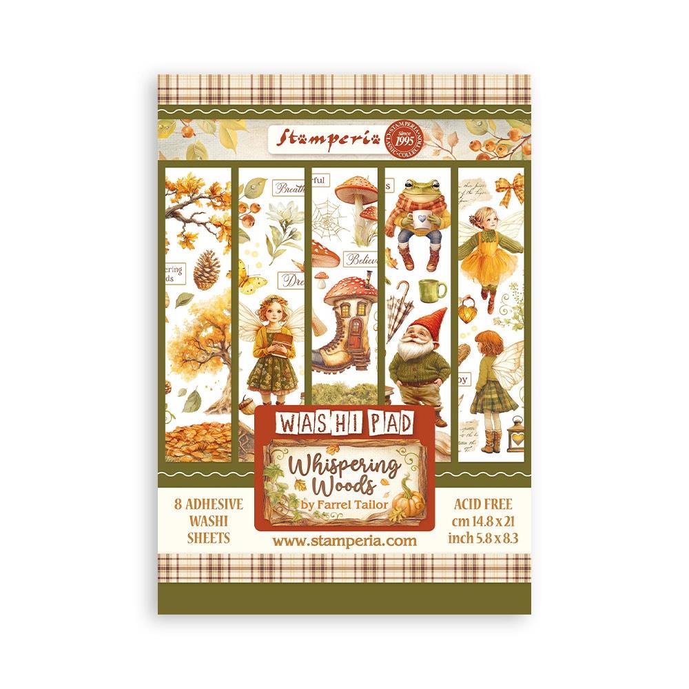 Stamperia Whispering Woods Washi Pad packaging with autumn-themed illustrations on a white background.