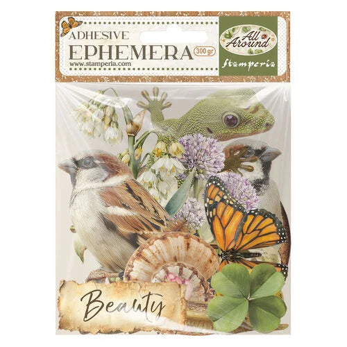 Adhesive ephemera pack with nature-themed elements including birds, a butterfly, and plants.