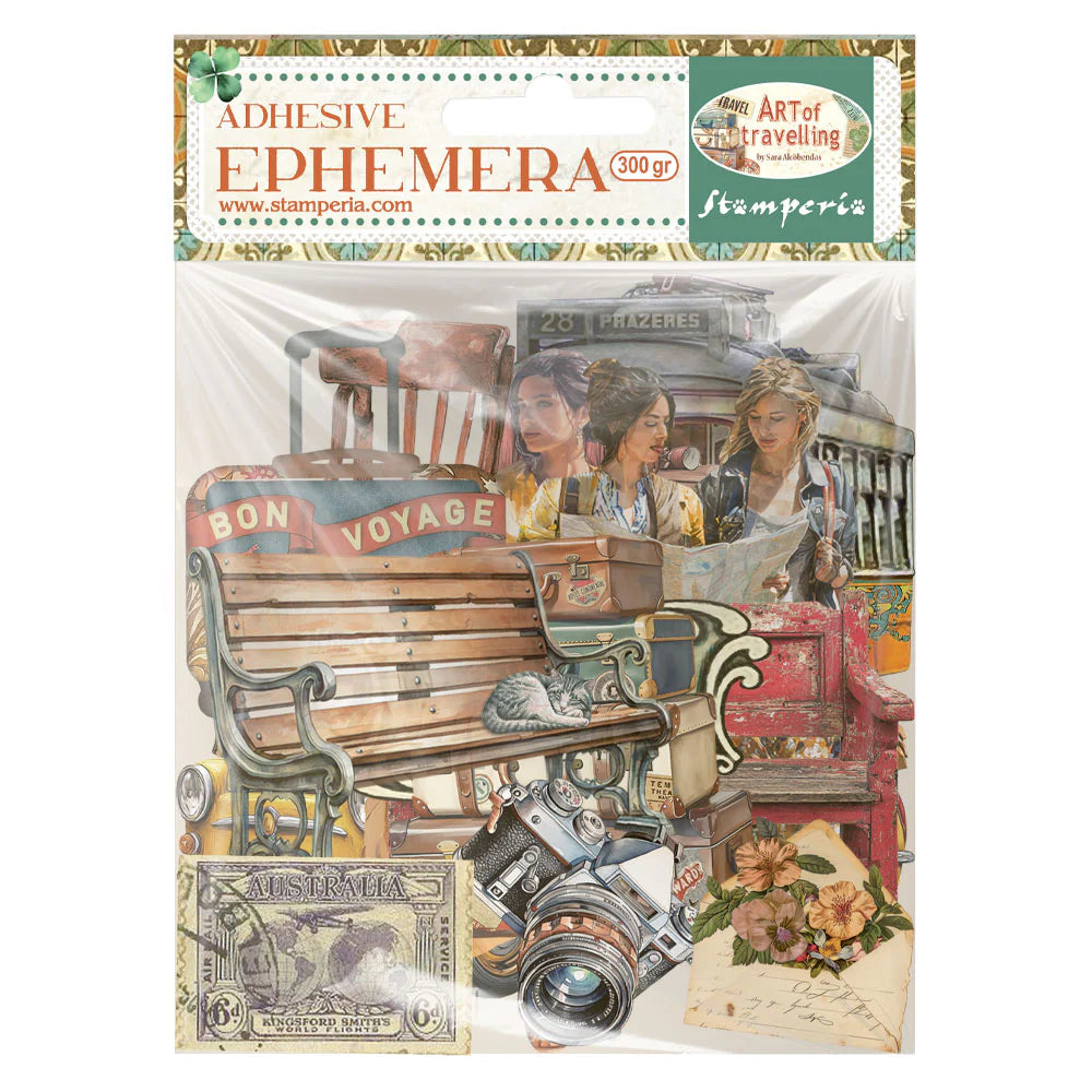 Packaging of Adhesive Ephemera with travel-themed design featuring a bench, camera, and people.