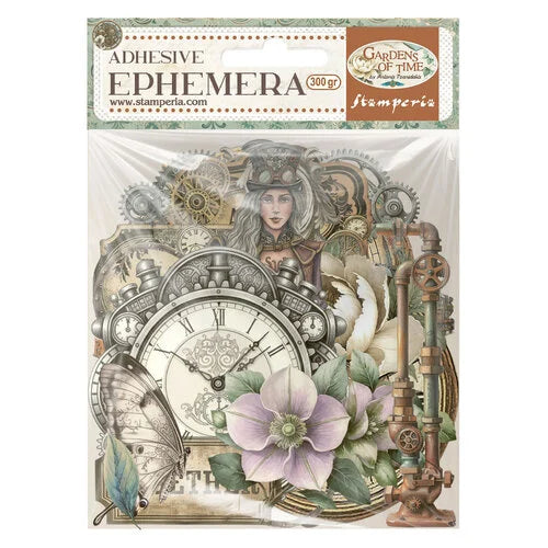 Packaging of Stamperia adhesive ephemera with a steampunk design featuring a clock, flowers, and mechanical elements.