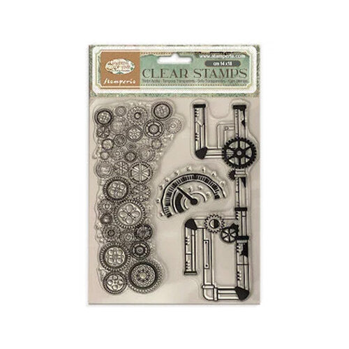Clear stamps with gears and machinery design on a white background